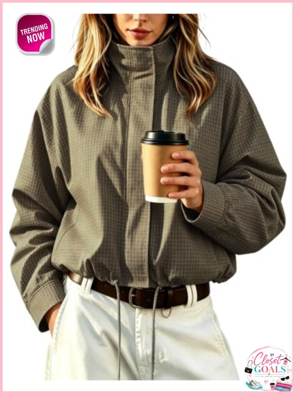 Womens Lightweight Cropped Gingham Jacket Casual Windbreaker Coat